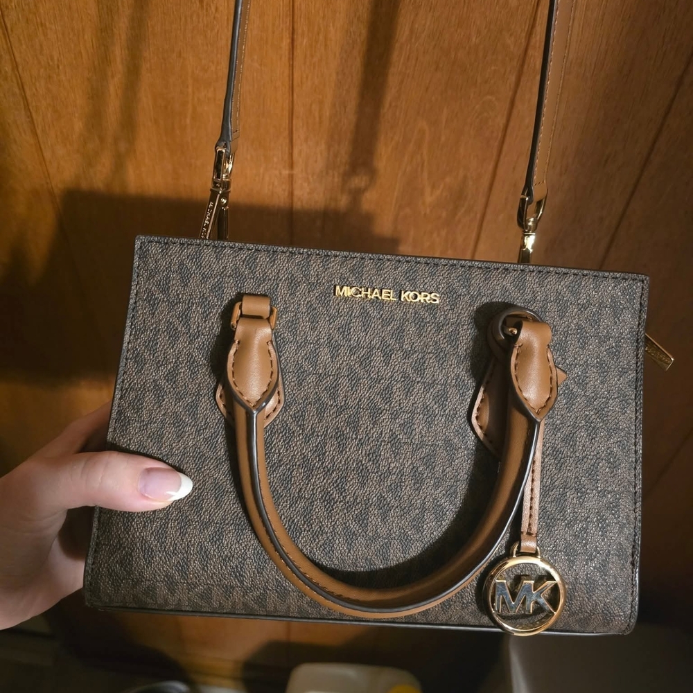 Michael Kors Brown and Tan Satchel with Monogram Print